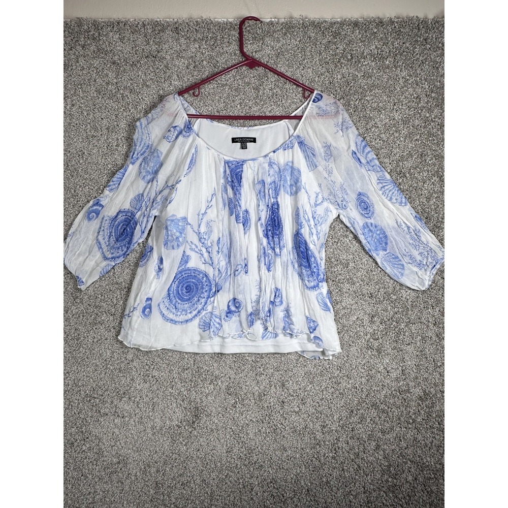 Linea Domani Floral Blouse Size XL White Blue Chiffon Fairy Romantic‎ Feminine